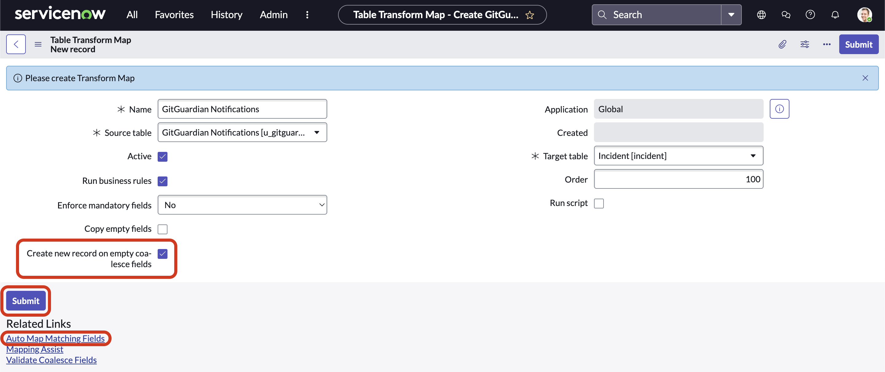 Transform map config