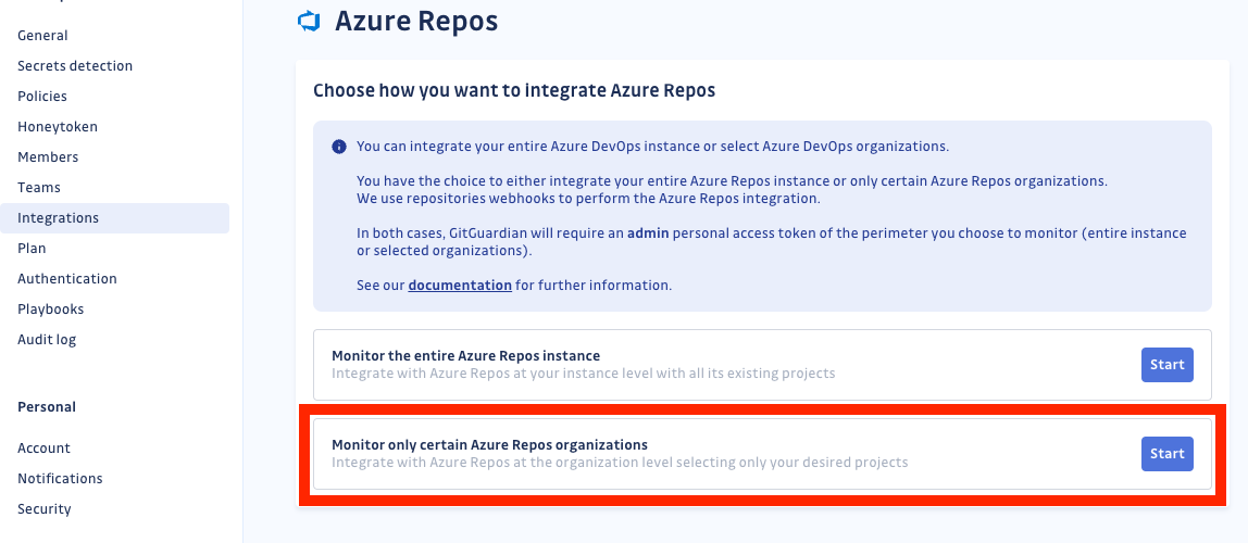 Azure Repos installation selection