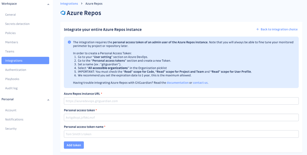 Azure Repos token form