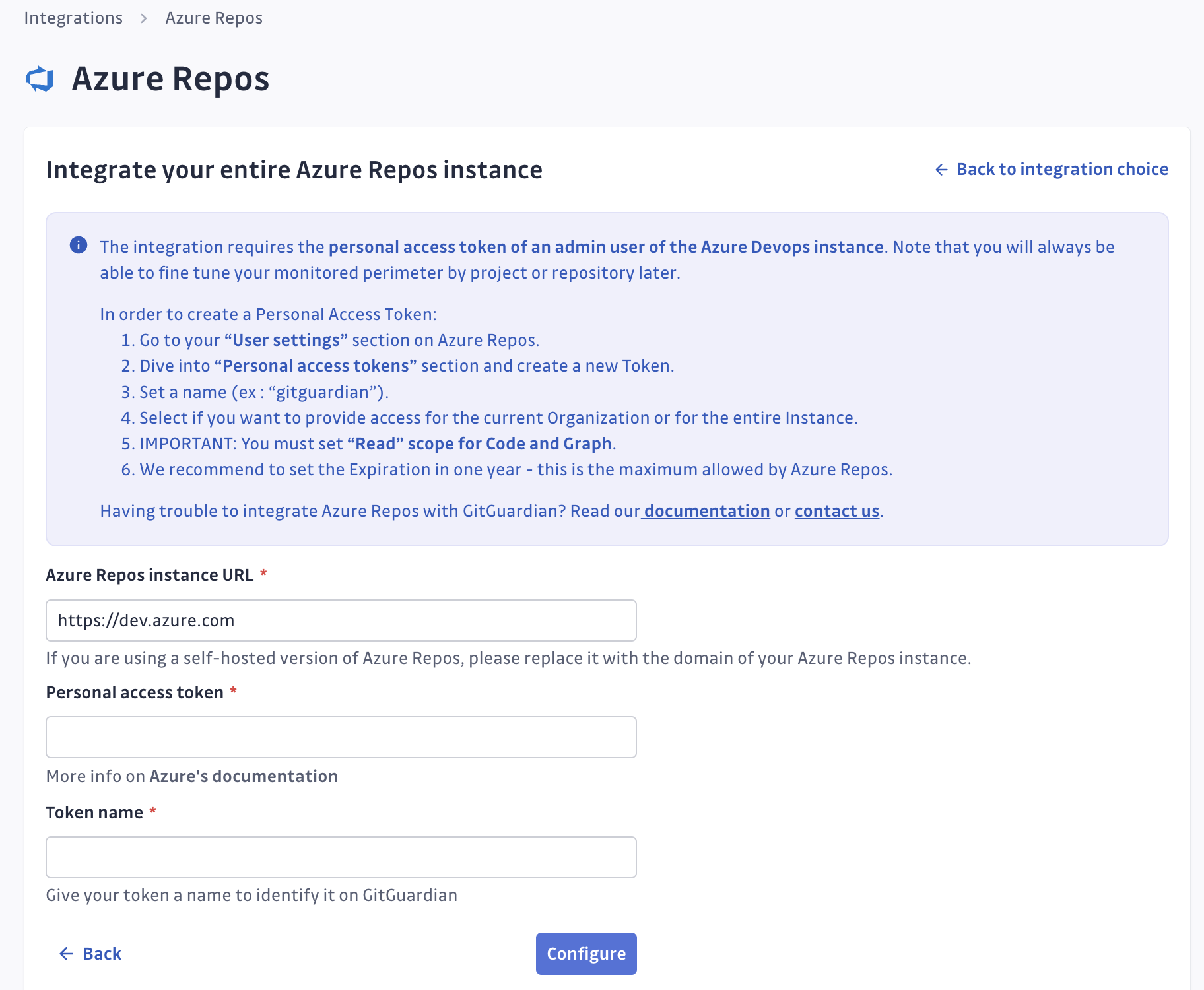 Azure Repos token form