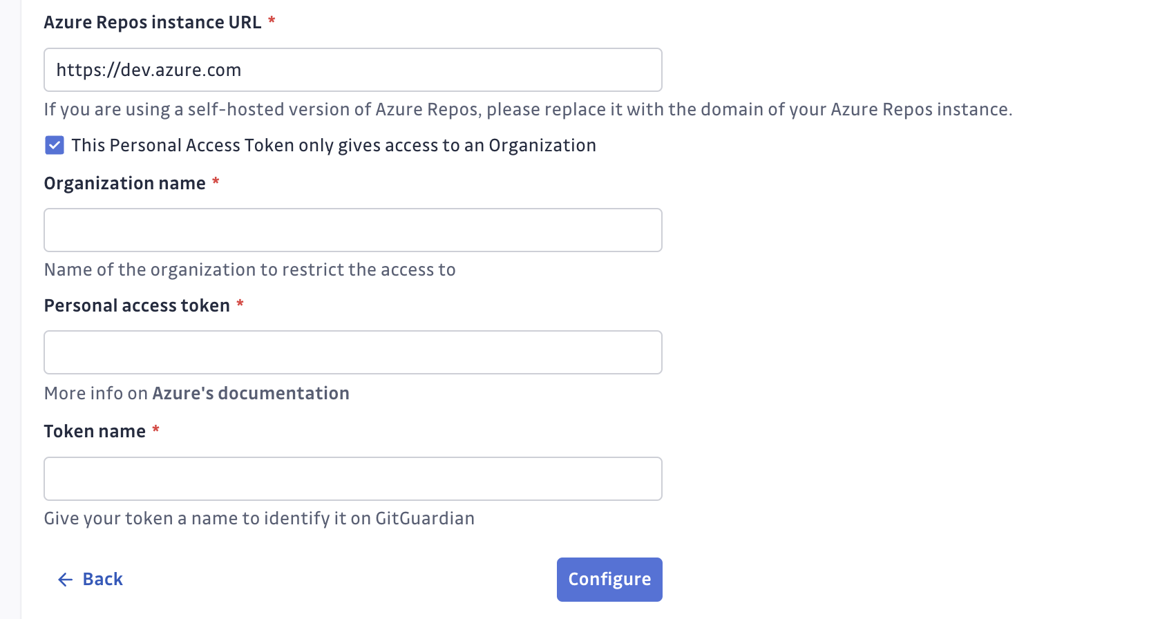 Azure Repos token form