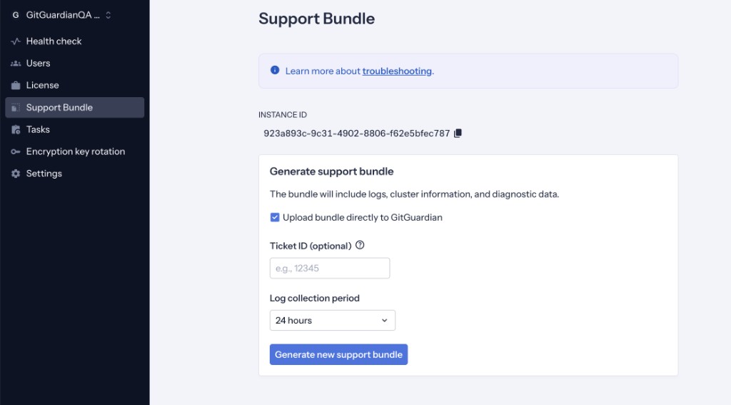 Support Bundle admin area page