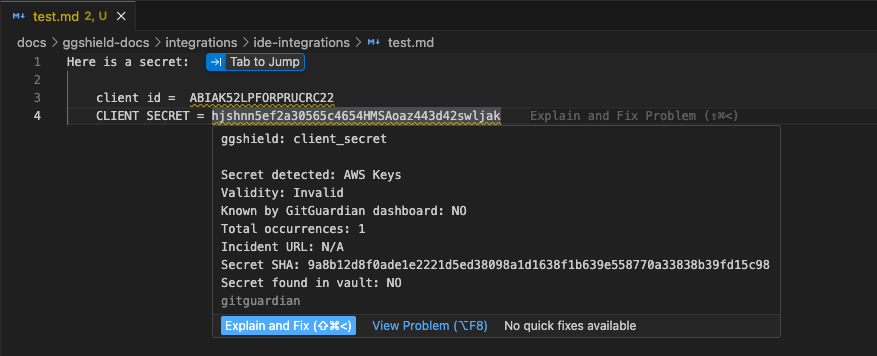 Antigravity GitGuardian extension detecting a secret showing hover details