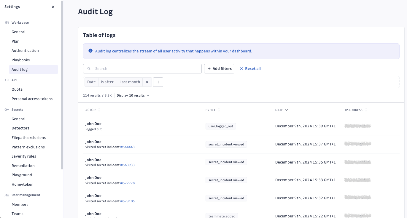 Audit log table