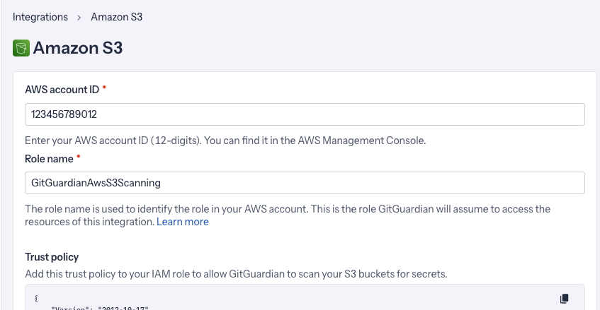 AWS S3 integration registration form