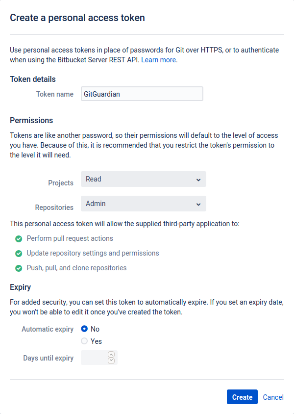 Bitbucket personal access token creation form