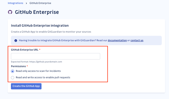 GitGuardian GHE app creation form