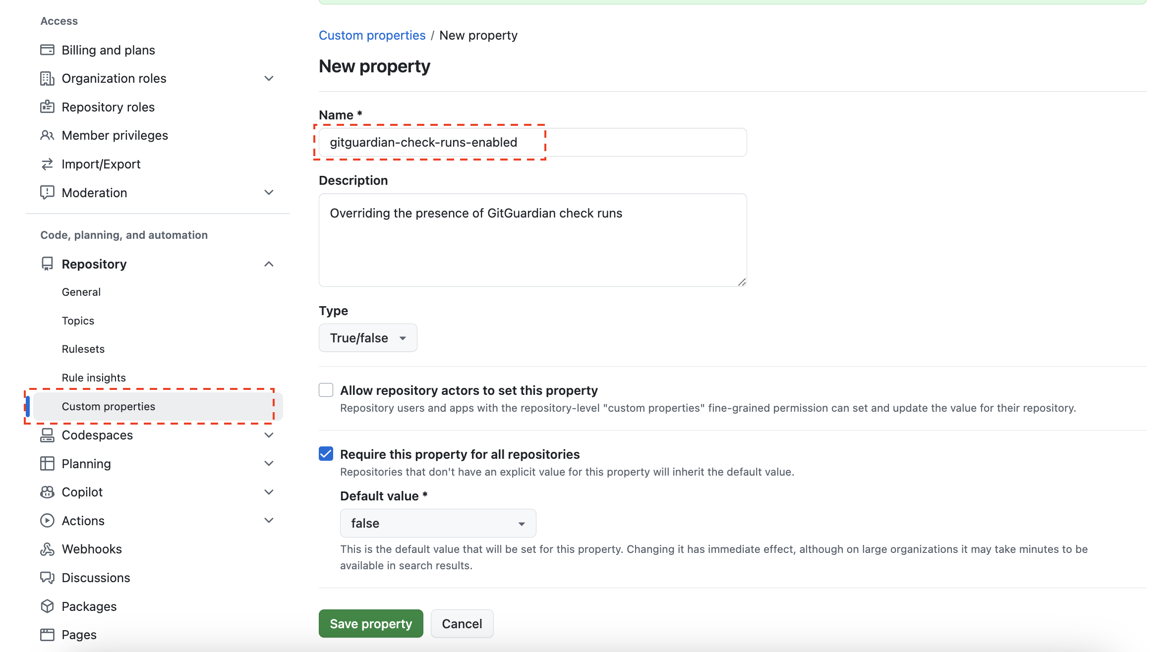 custom properties to override check run settings