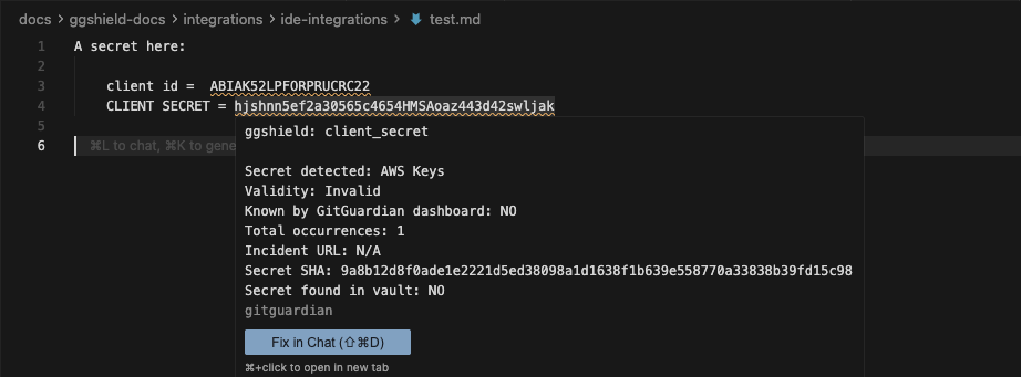Cursor GitGuardian extension detecting a secret showing hover details