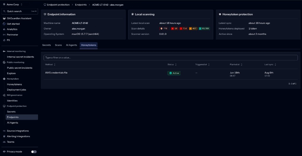 Honeytoken protection on an endpoint detail page, showing the latest sync and the planted honeytoken