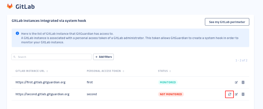 GitLab system hook instances table