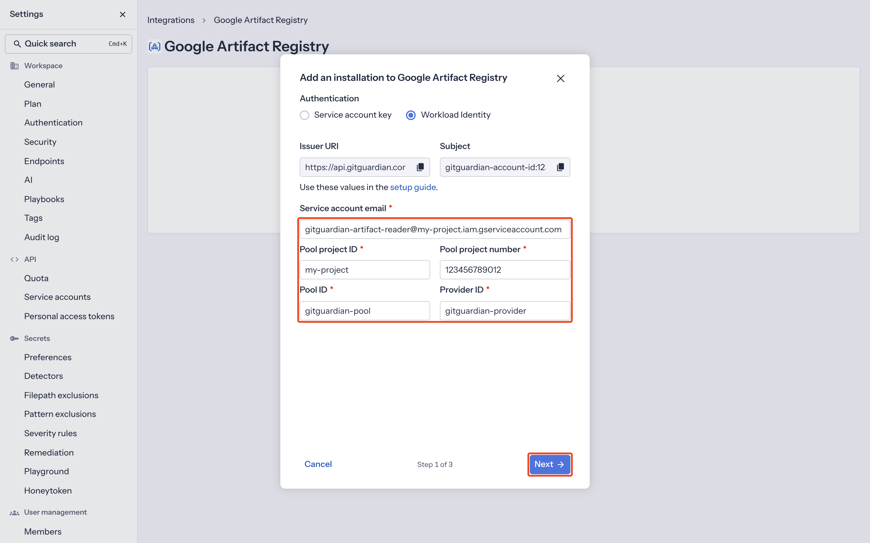 Google Artifact Registry Workload Identity form