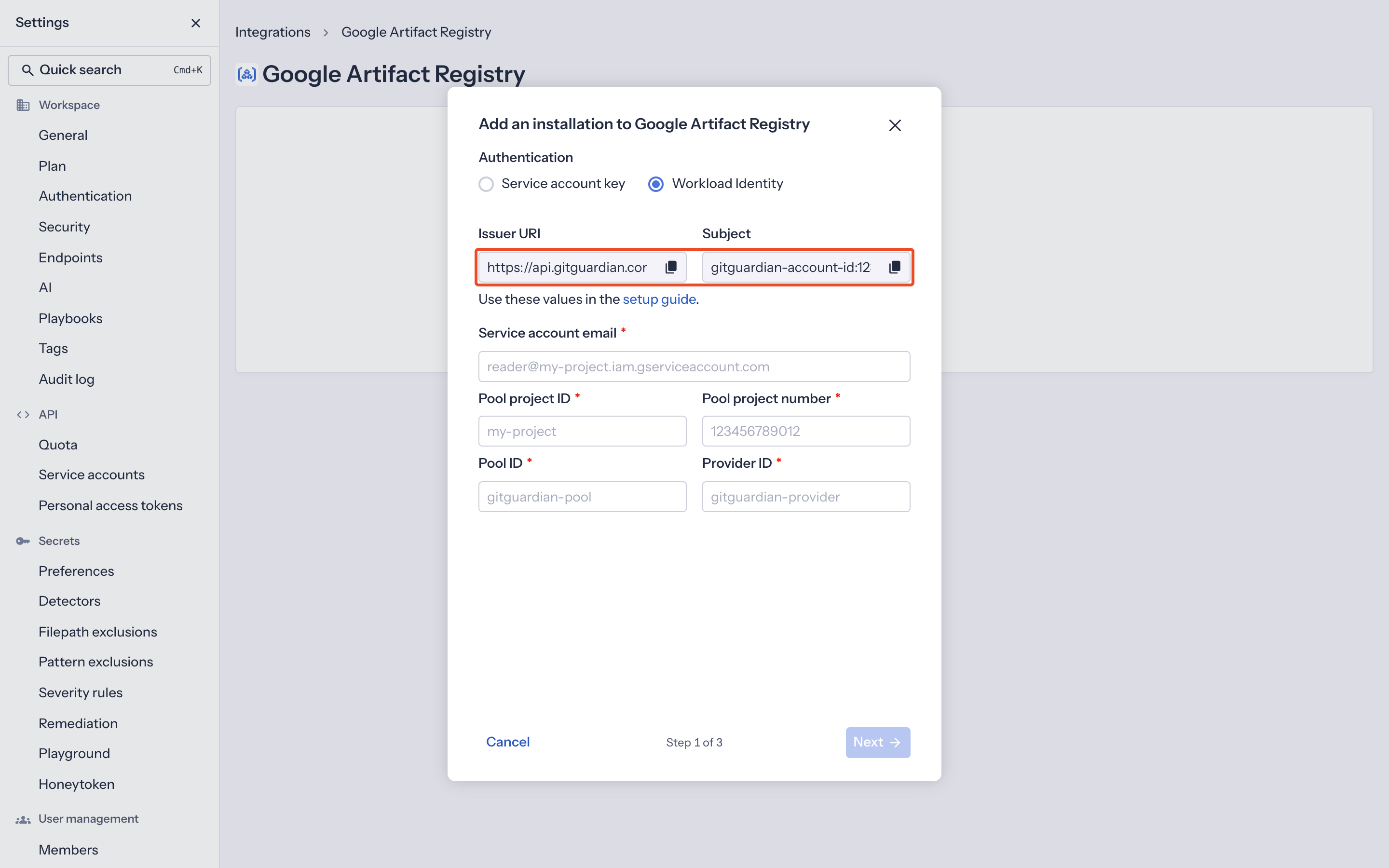 Google Artifact Registry Workload Identity issuer and subject