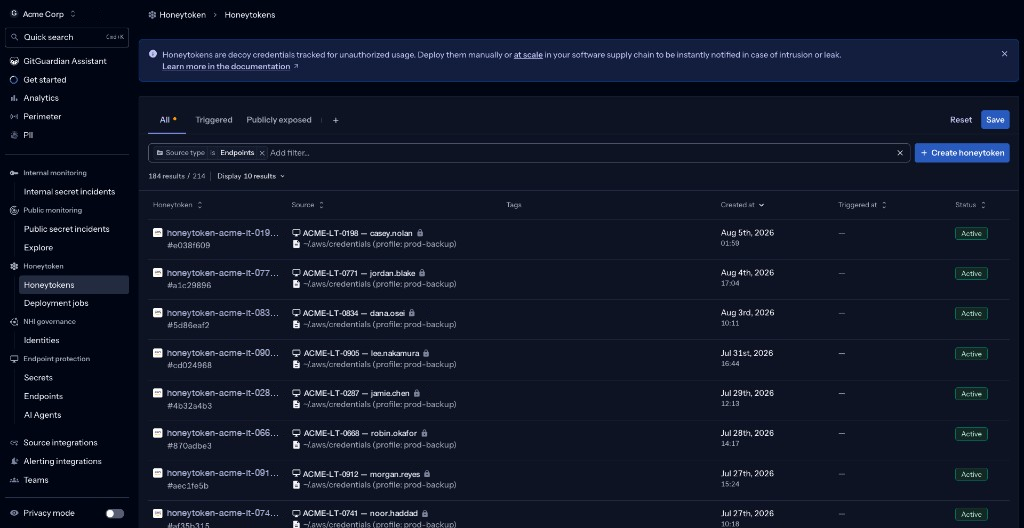 The honeytoken list filtered on endpoint sources