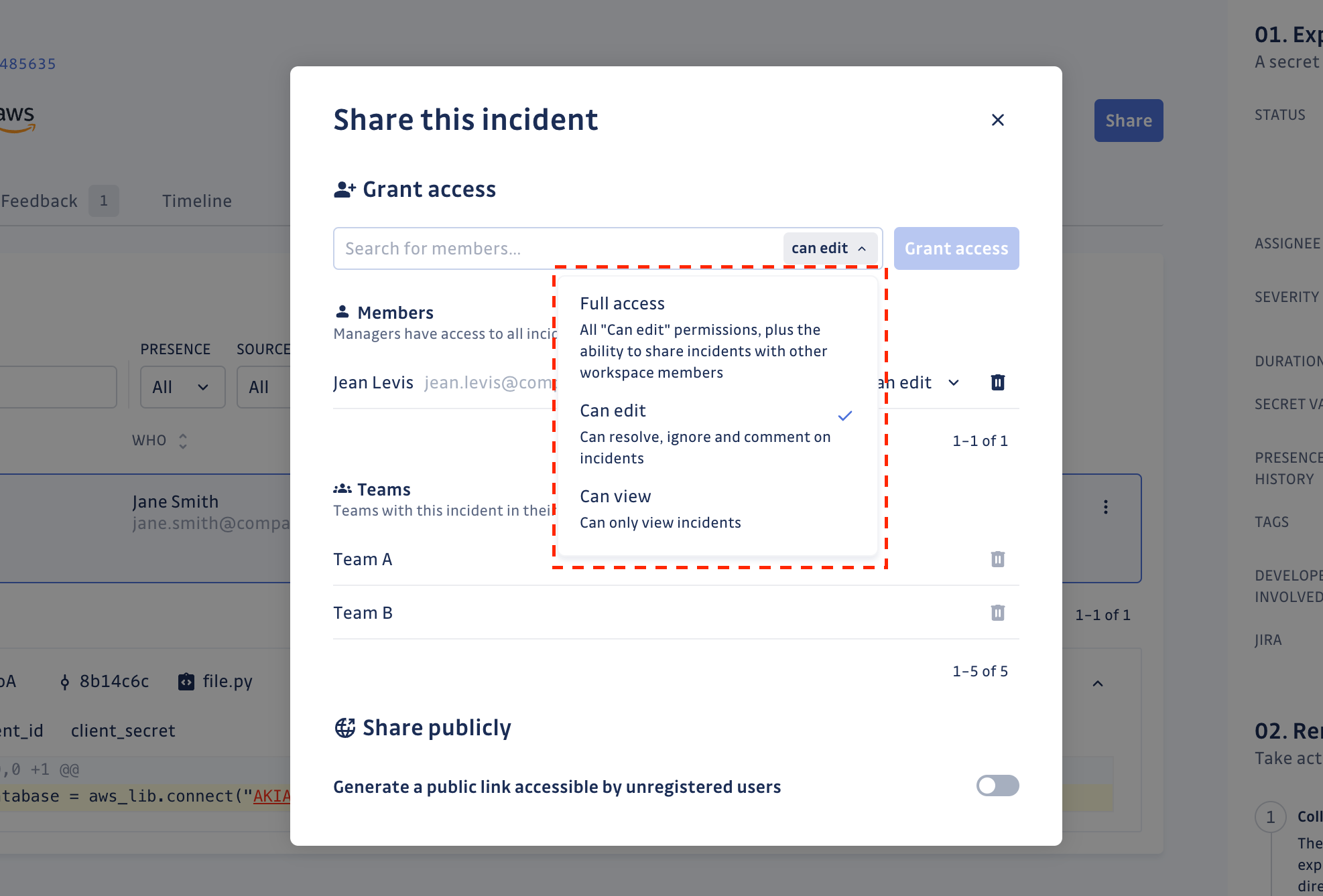 Incident permissions dropdown in the share modal