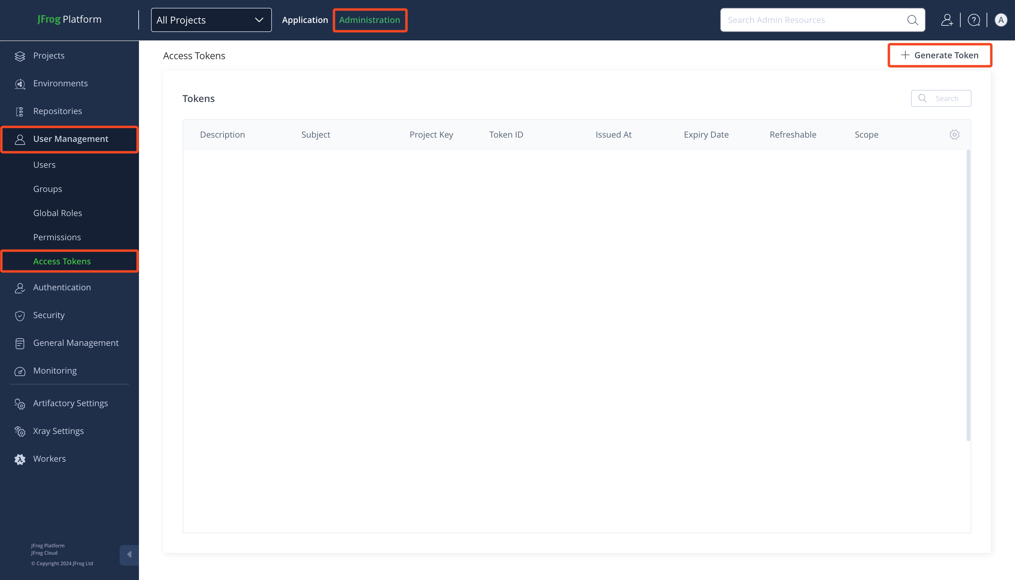 JFrog Platform Access Tokens page