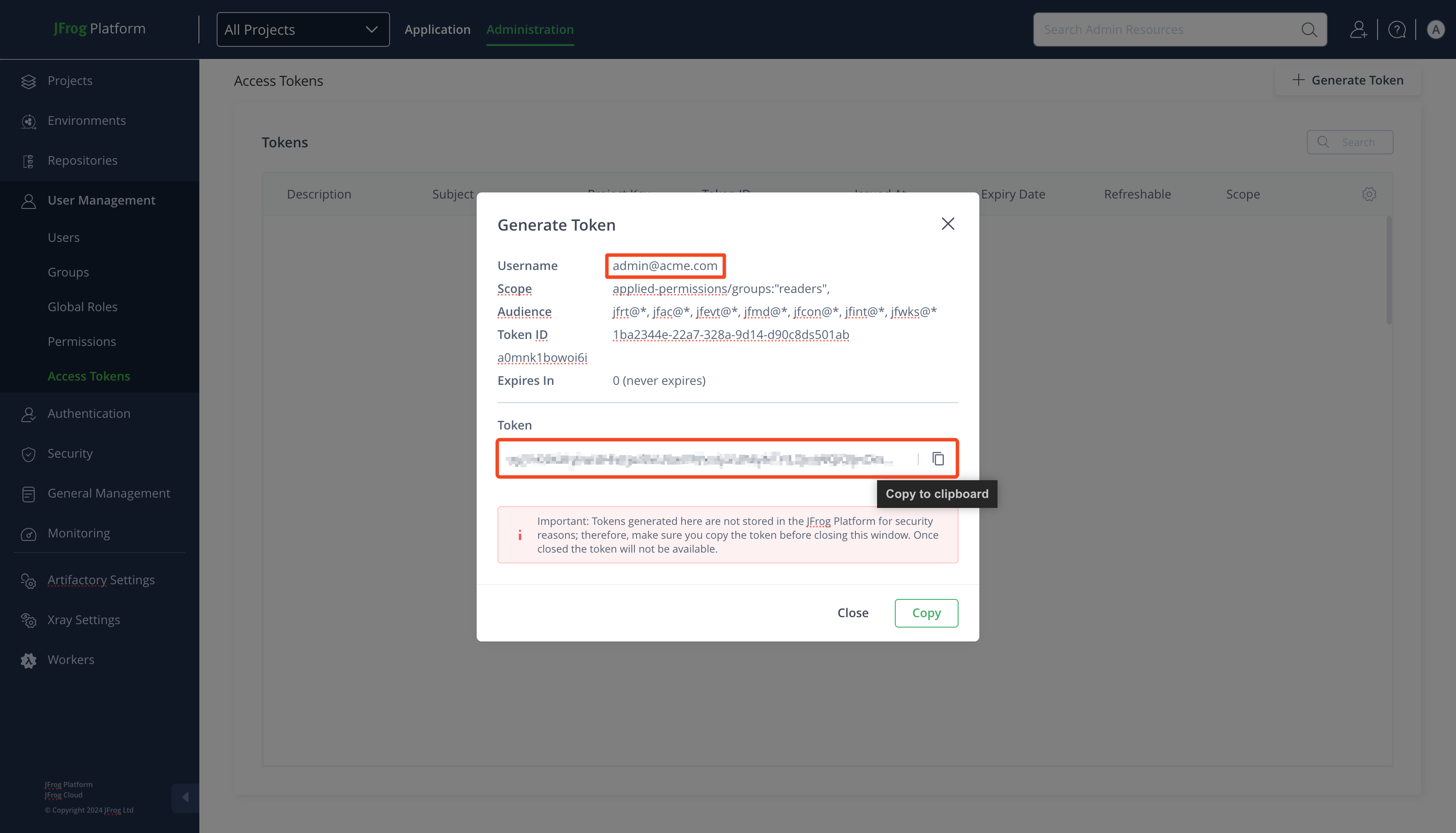 JFrog Platform Token value modal