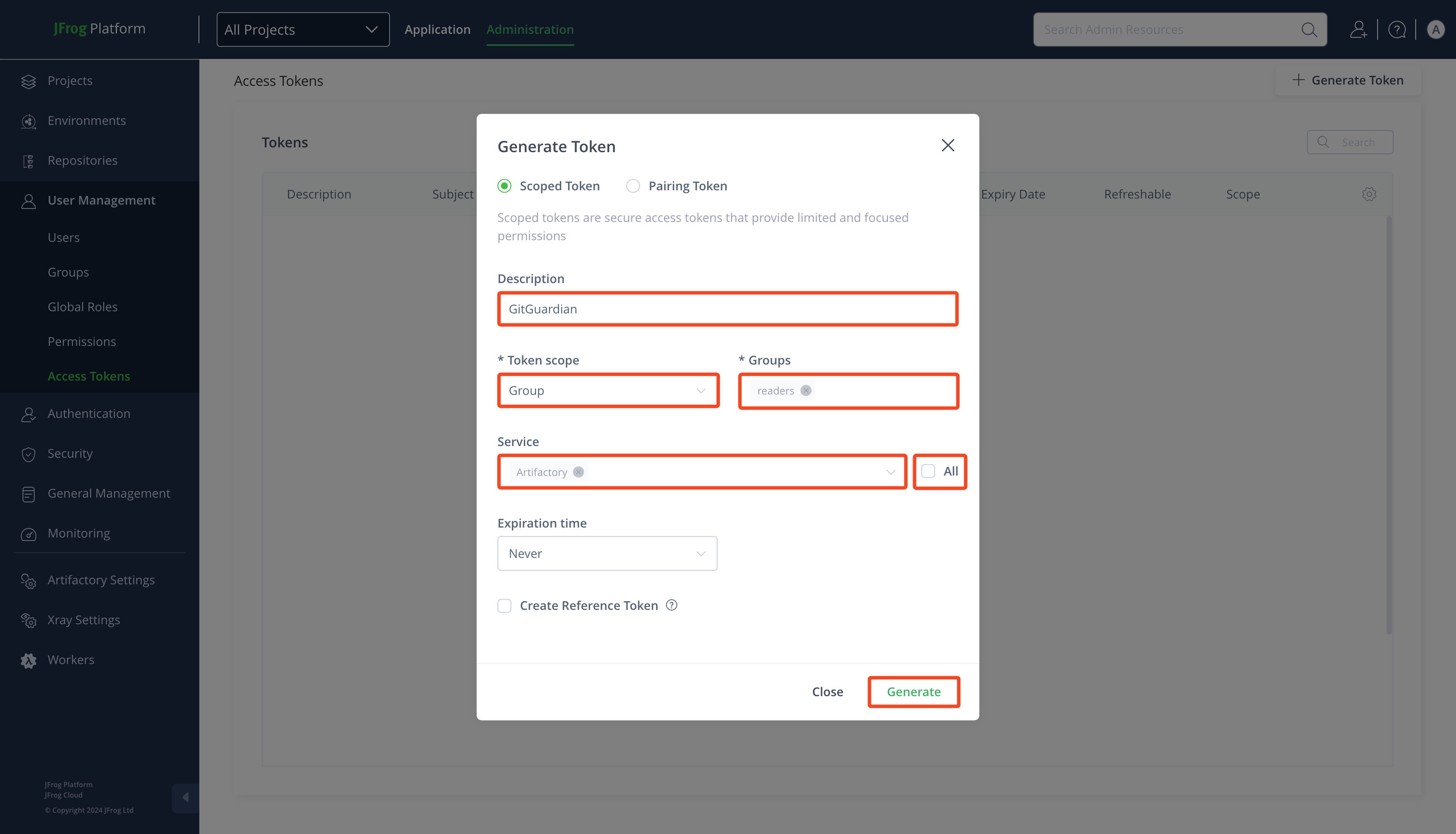 JFrog Platform Generate Token modal