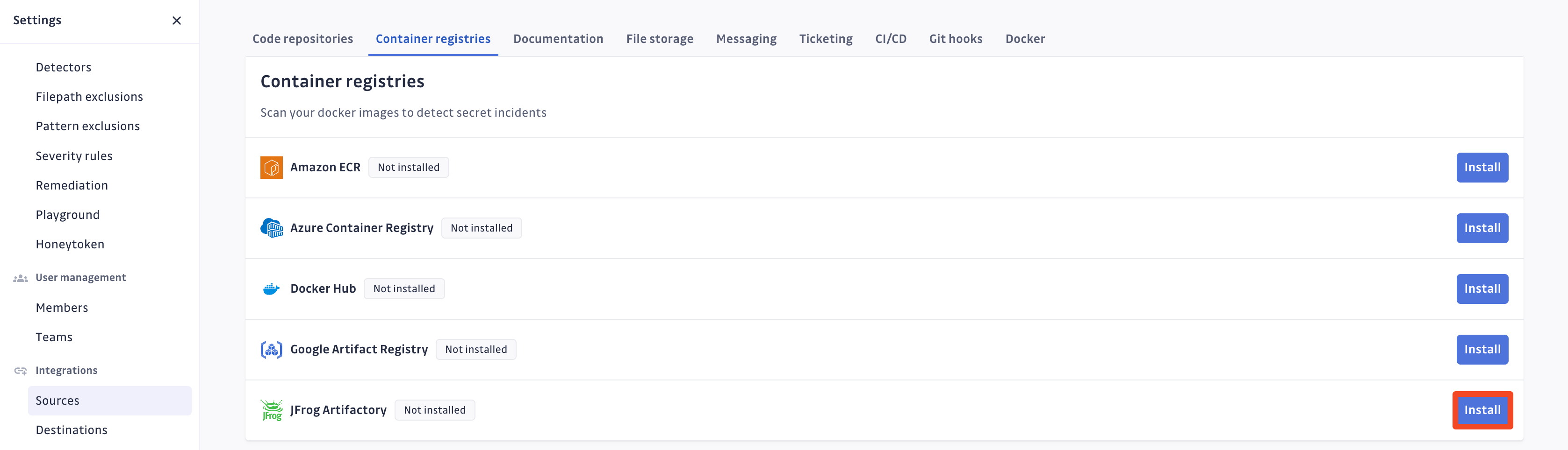 JFrog Container Registry install button