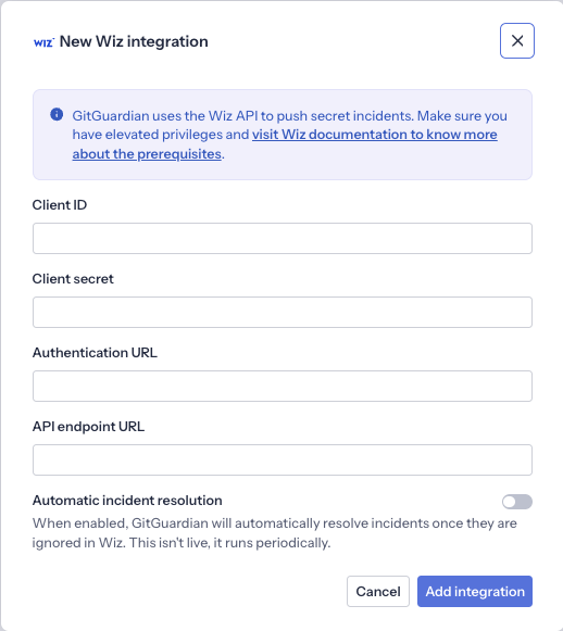 New Wiz integration configuration