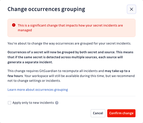 Occurrences grouping setting warning modal