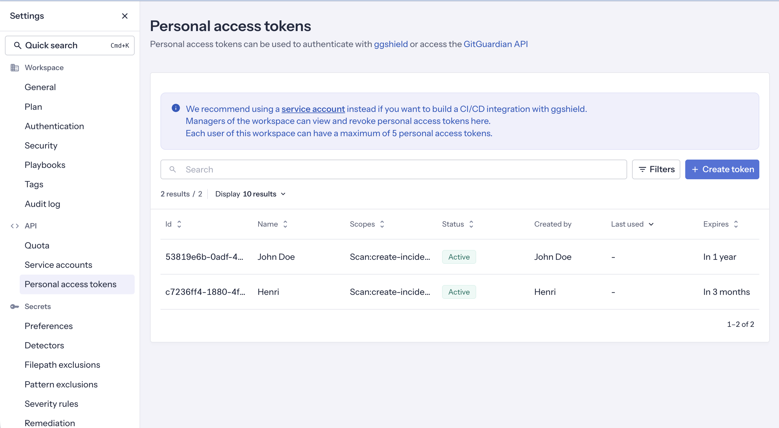 Personal access tokens table