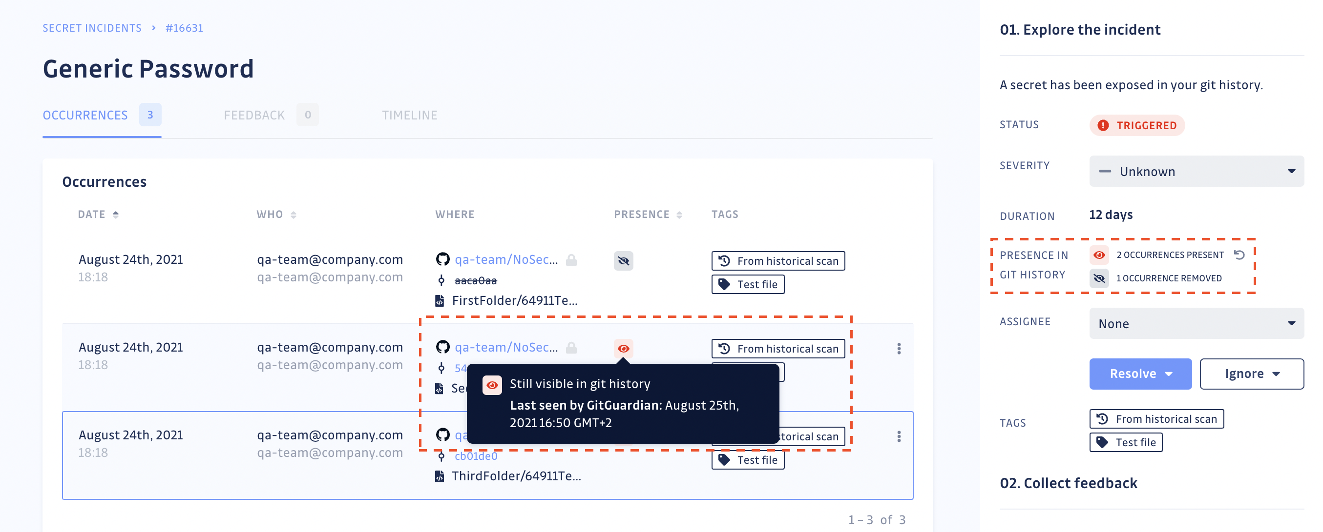 Occurrences visible in git