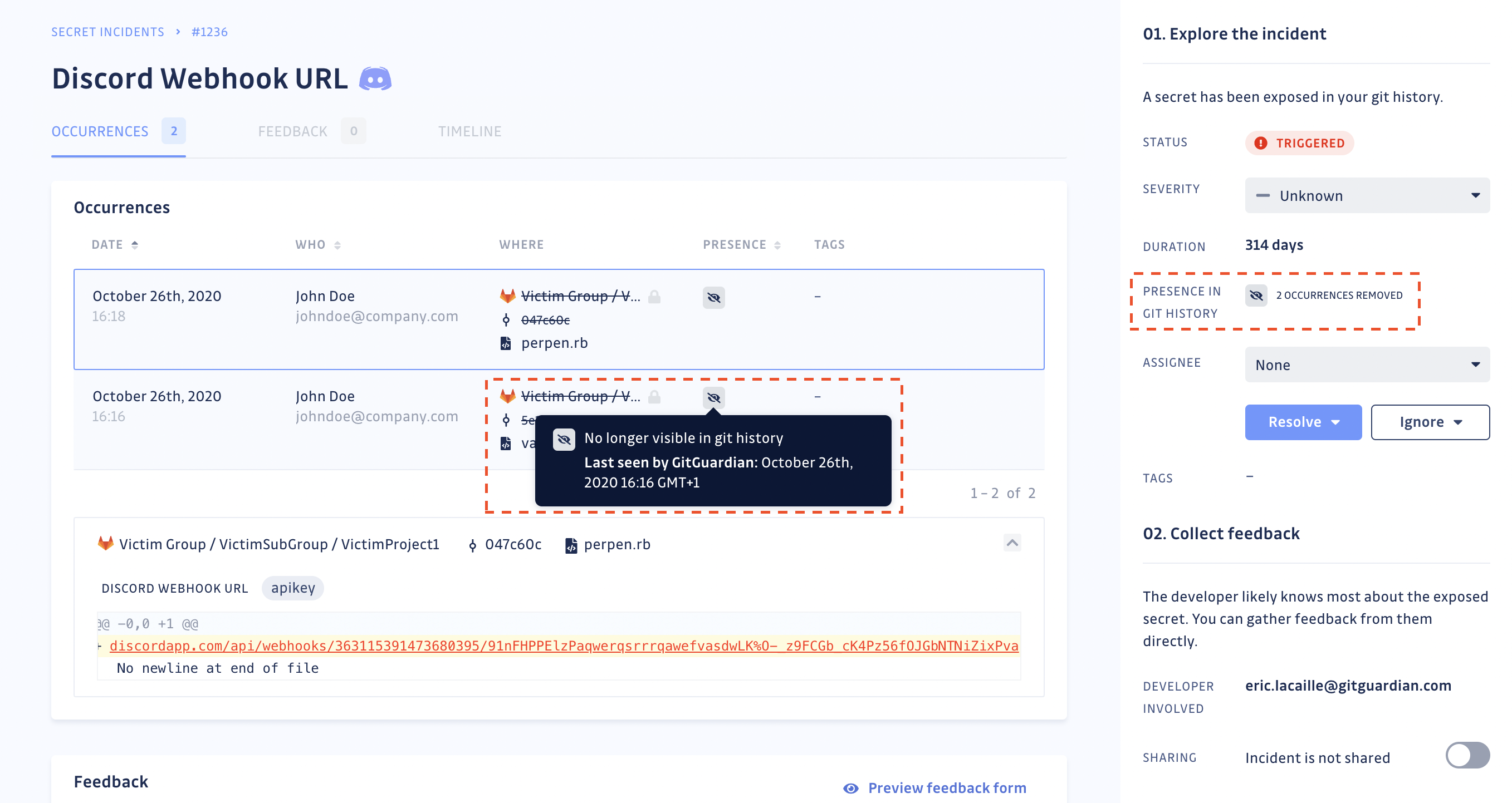 Occurrences no longer visible in git