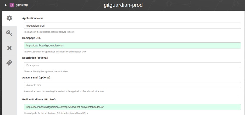 Red Hat Quay OAuth Application settings