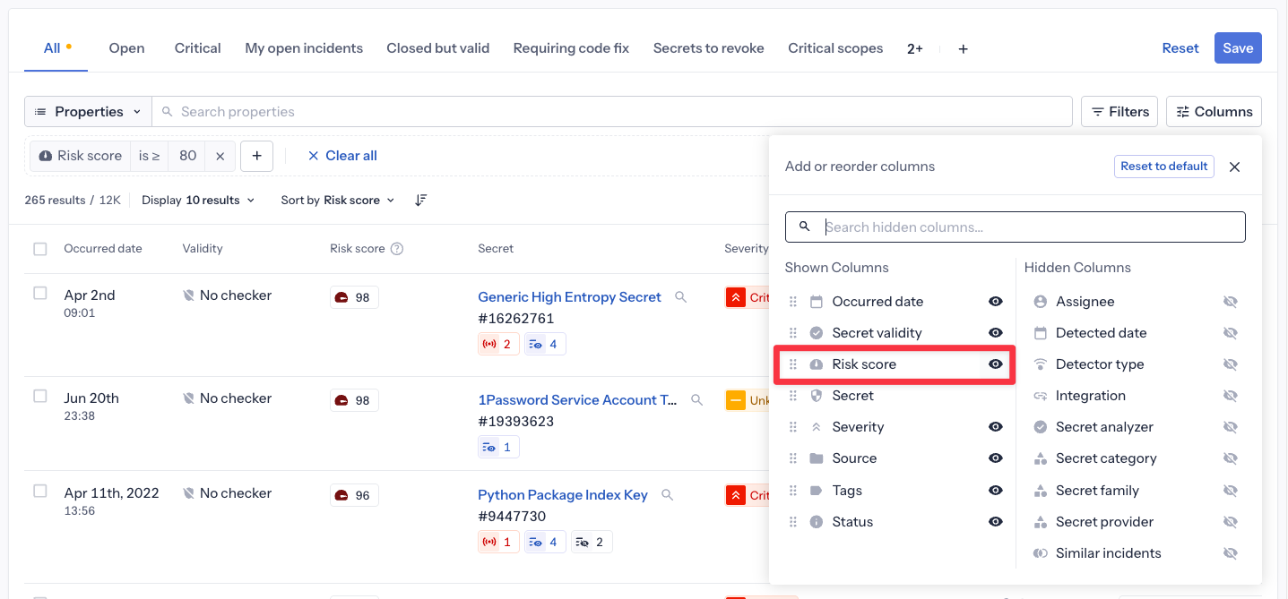 Risk score column configuration