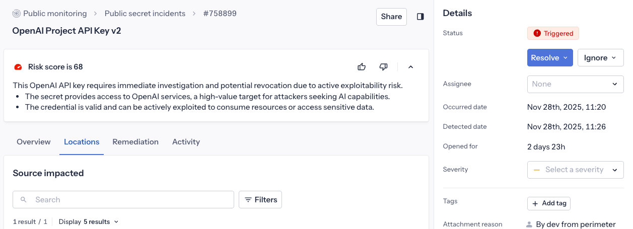 Risk score in incident detail page