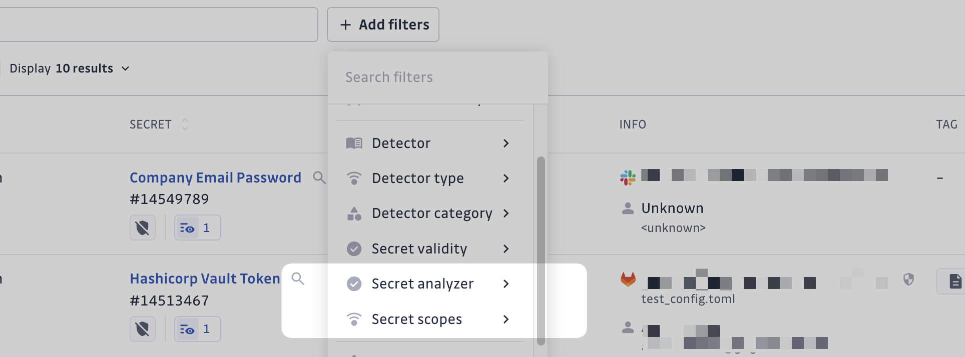 Secrets Analyzer Filters