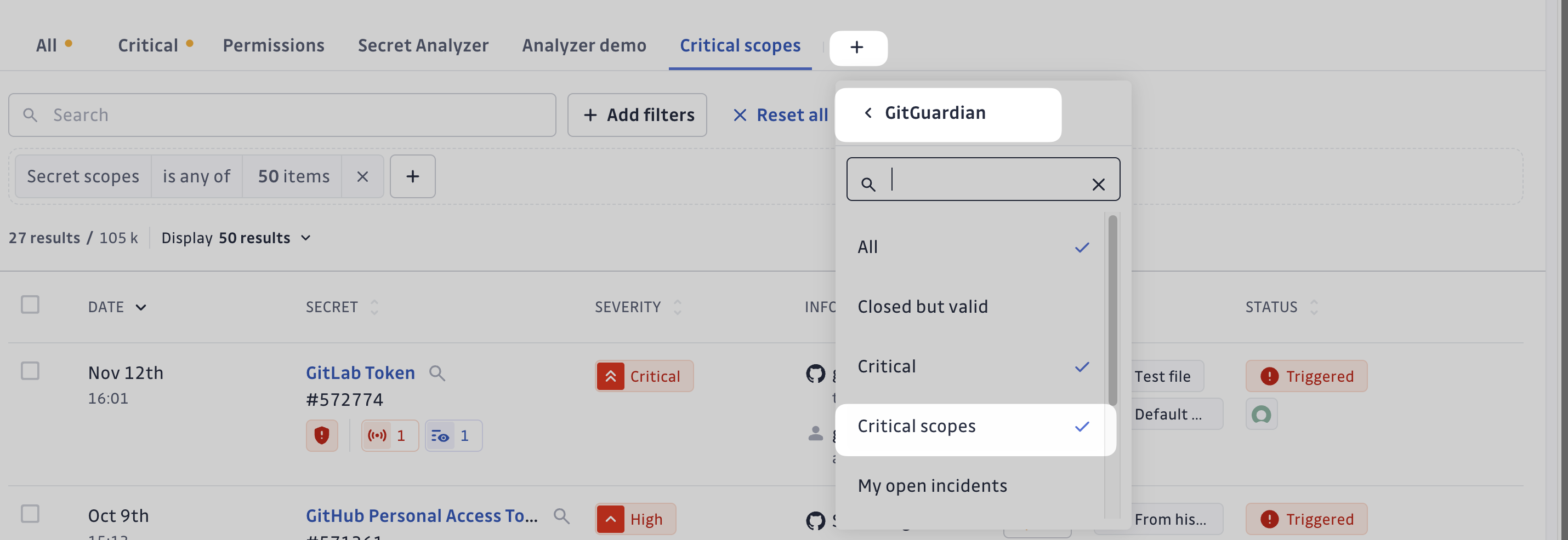 Secrets Analyzer Saved View