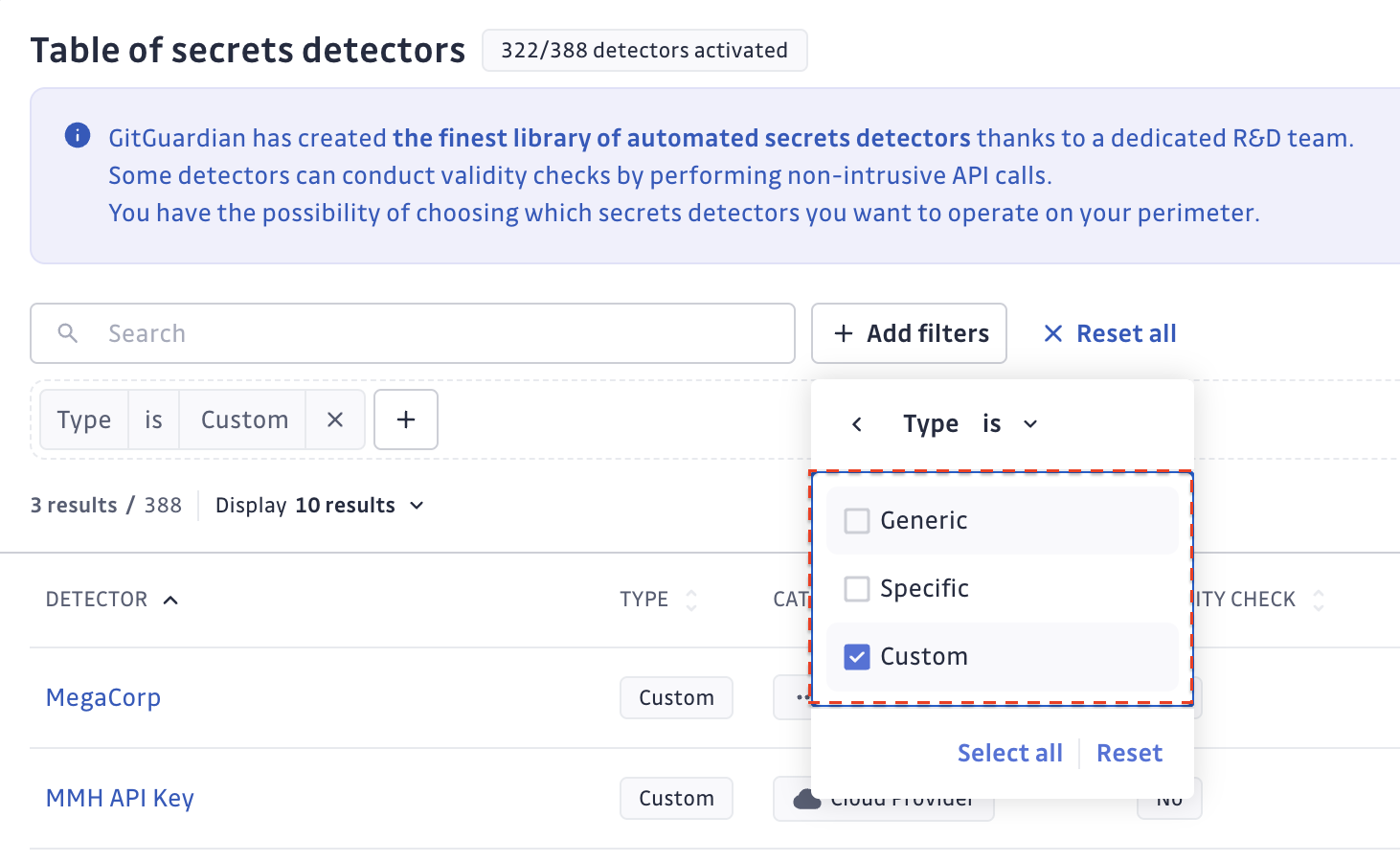 Add a custom detector - table filtered