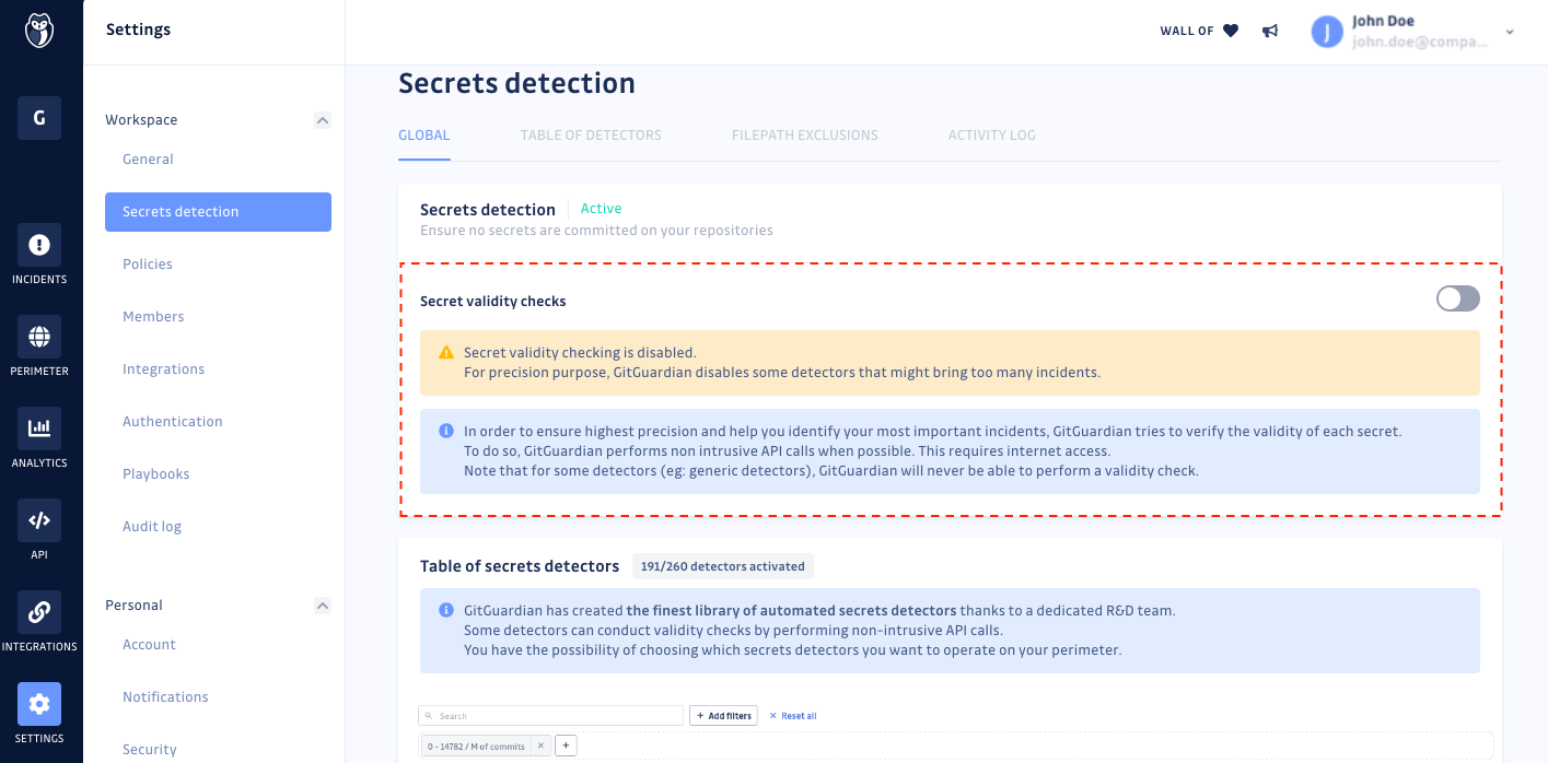 Secrets detection settings