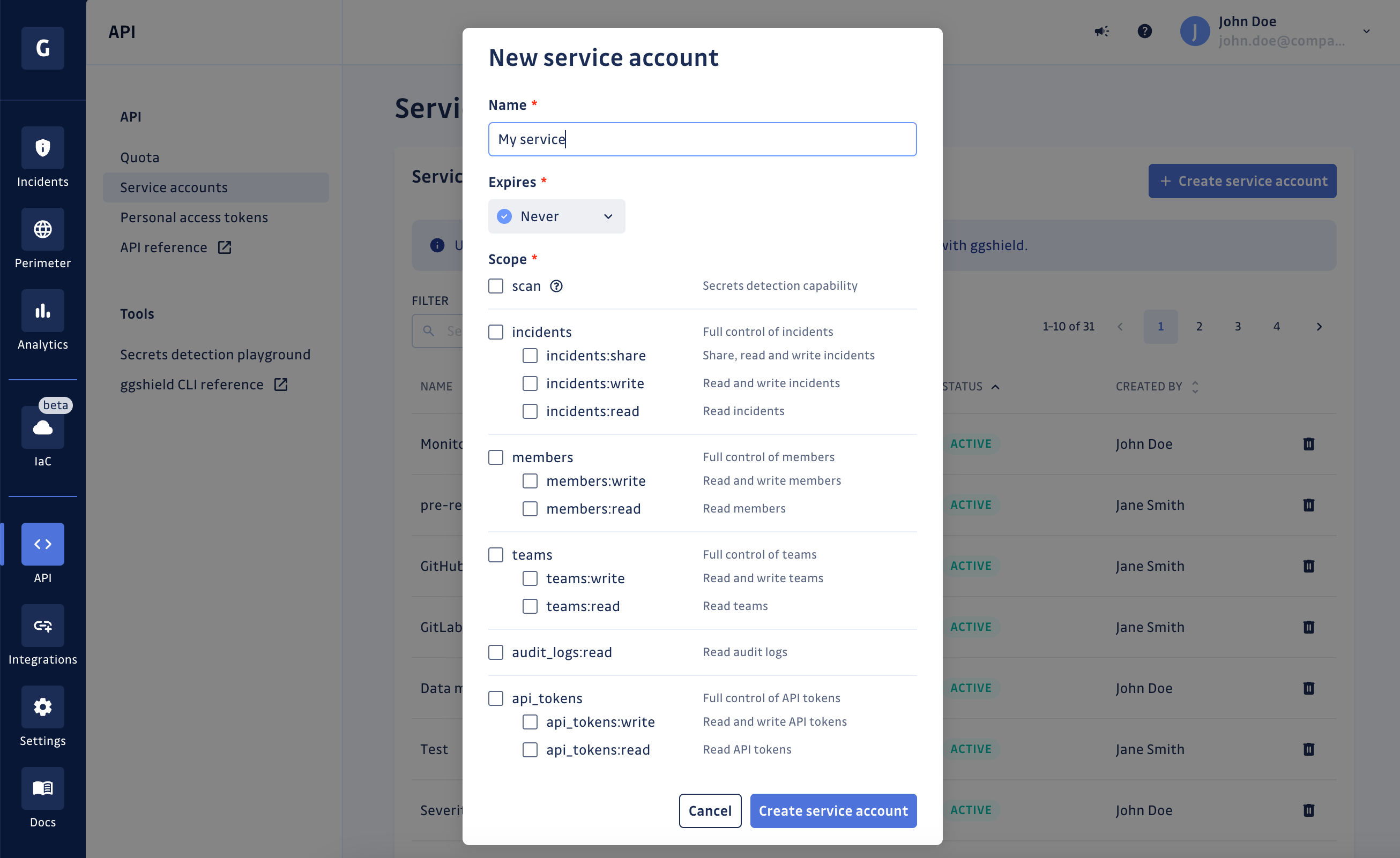 Service accounts modal