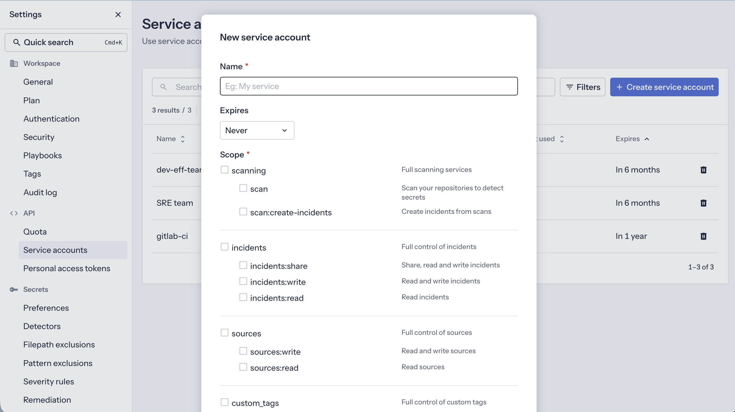 Service accounts modal