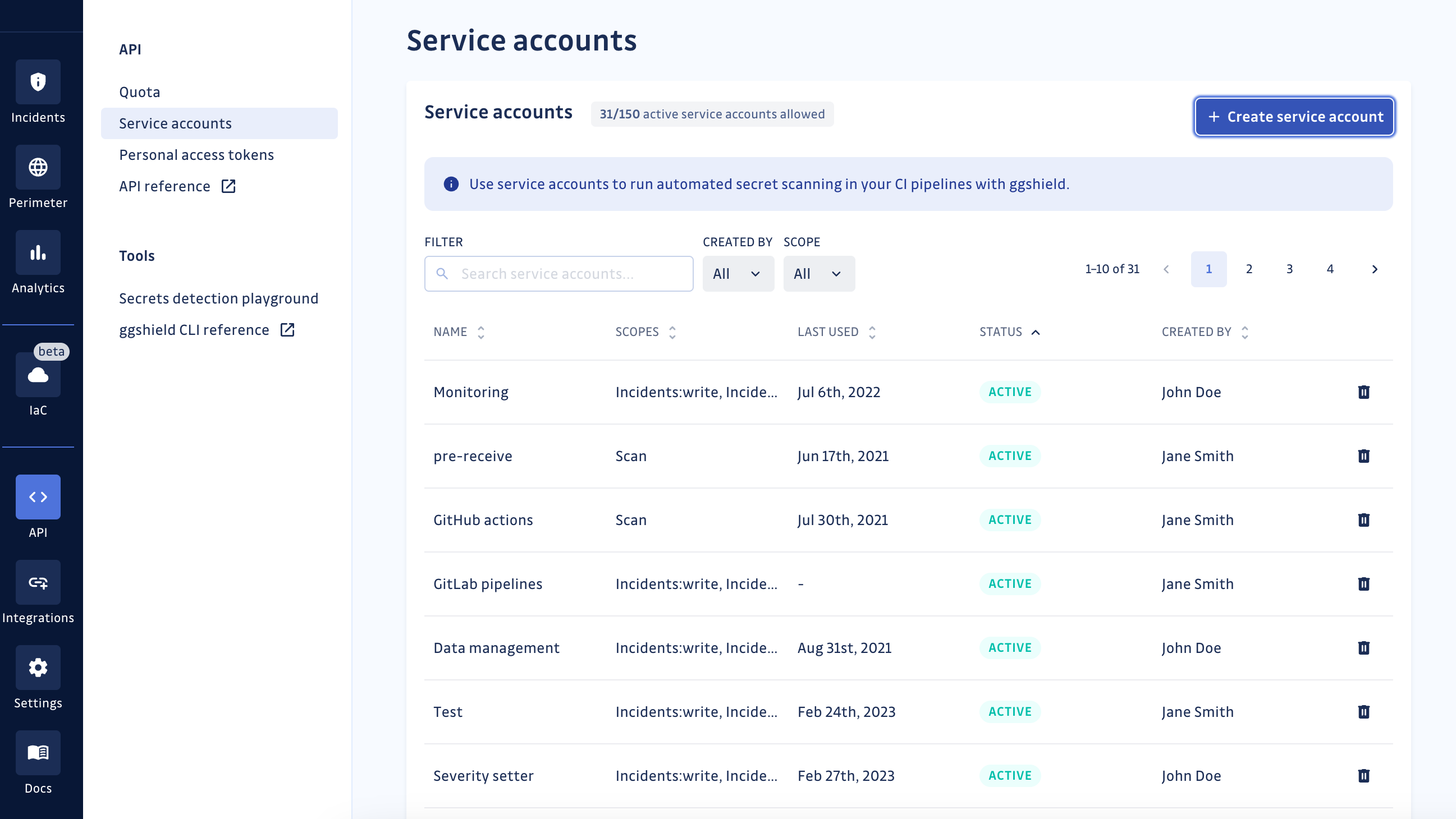 Service accounts table