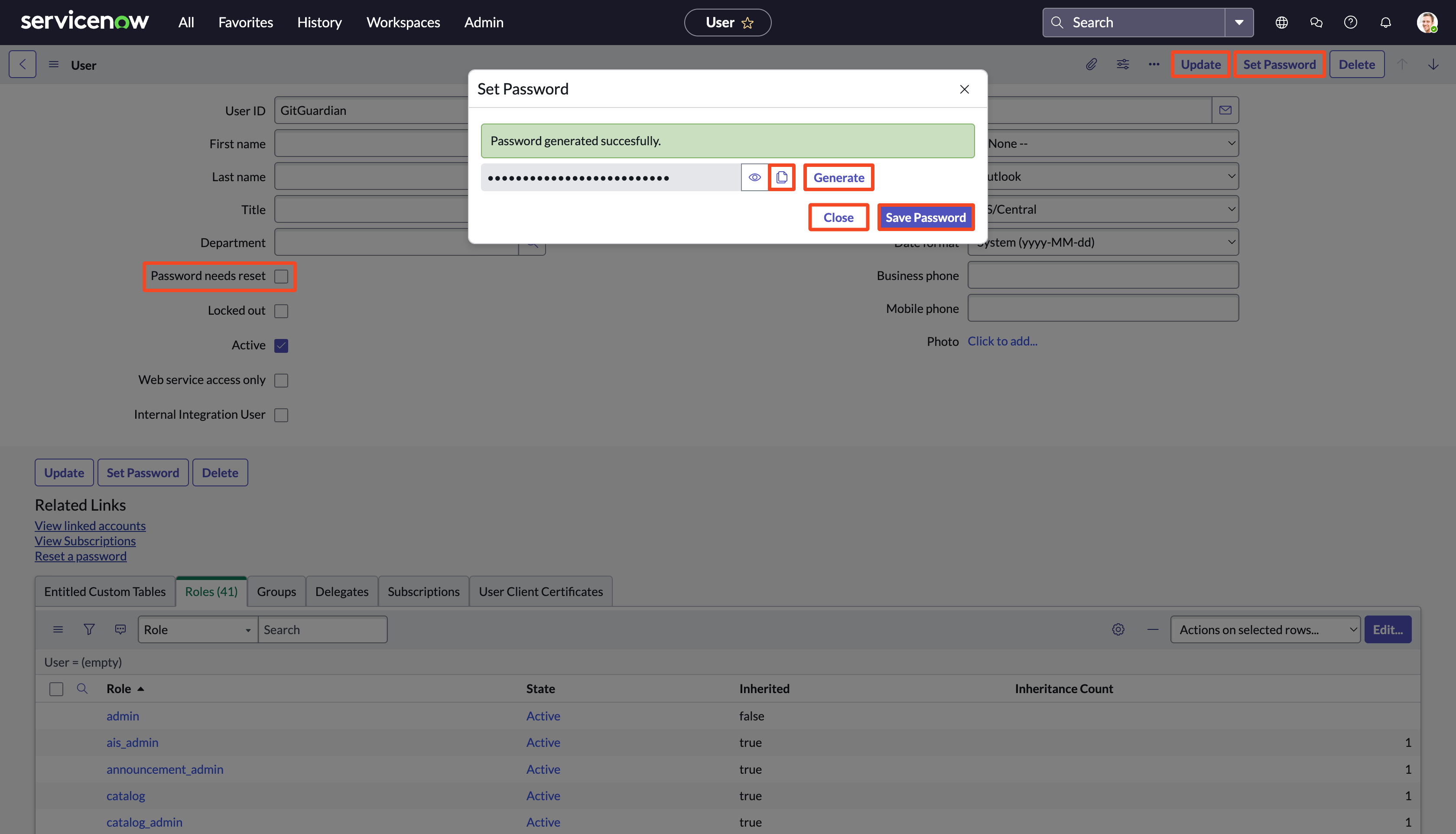 ServiceNow Set Password User