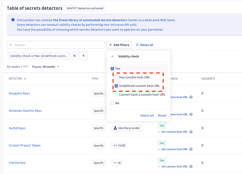 Table of detectors eligible for custom host