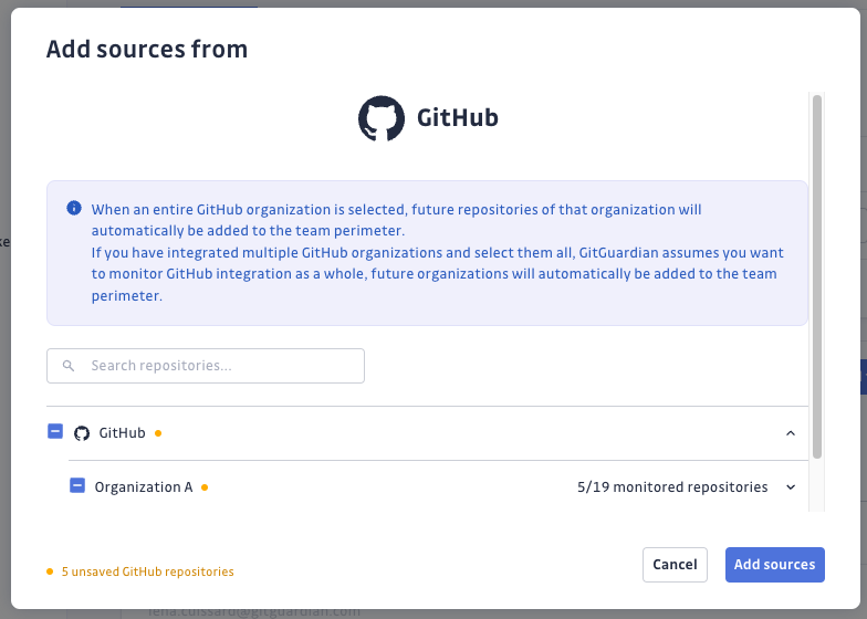 Team perimeter modal adding GitHub repositories