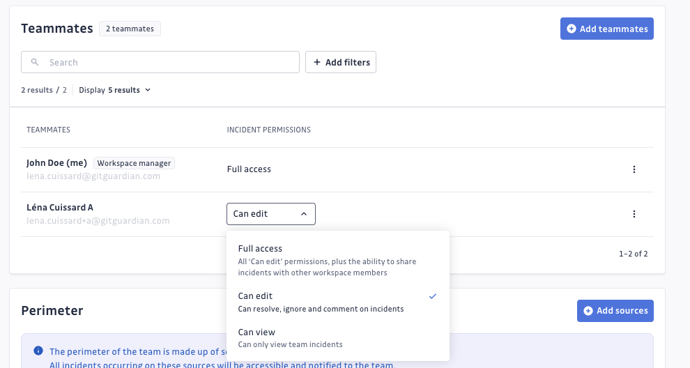 Incident permissions selection