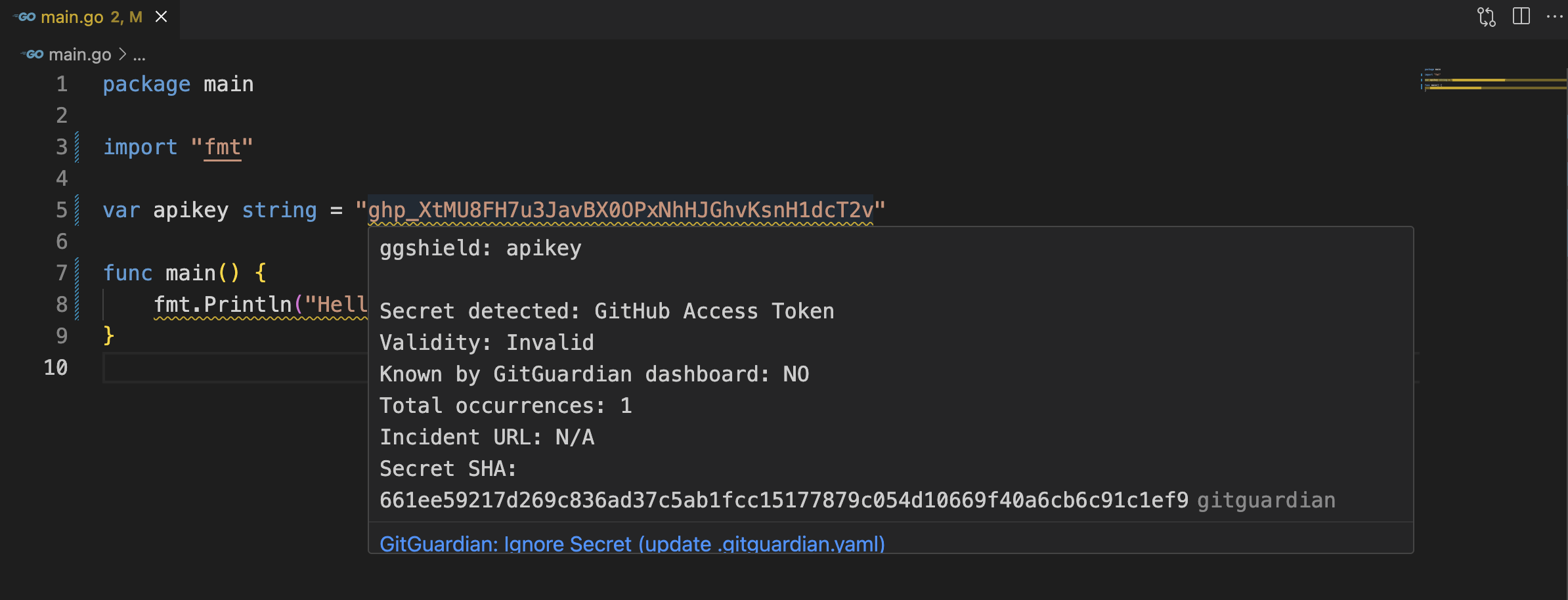 VS Code GitGuardian extension detecting a secret showing hover details