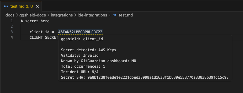 Windsurf GitGuardian extension detecting a secret showing hover details