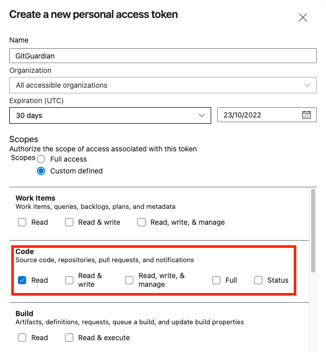 Azure Repos personal access token Code