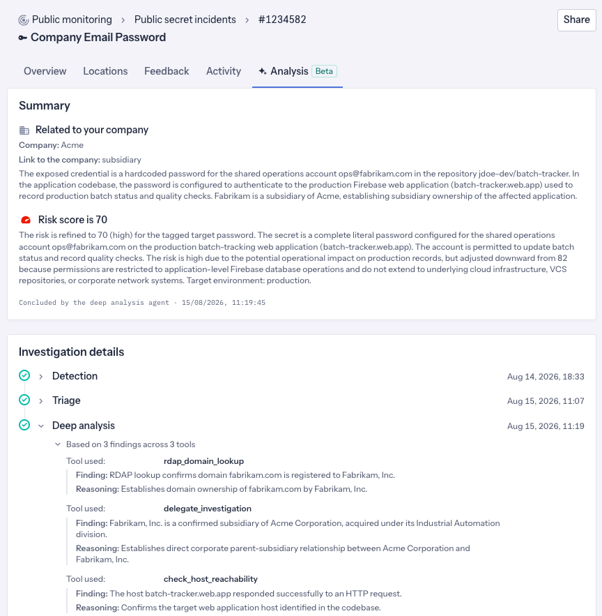 Analysis tab of a public incident
