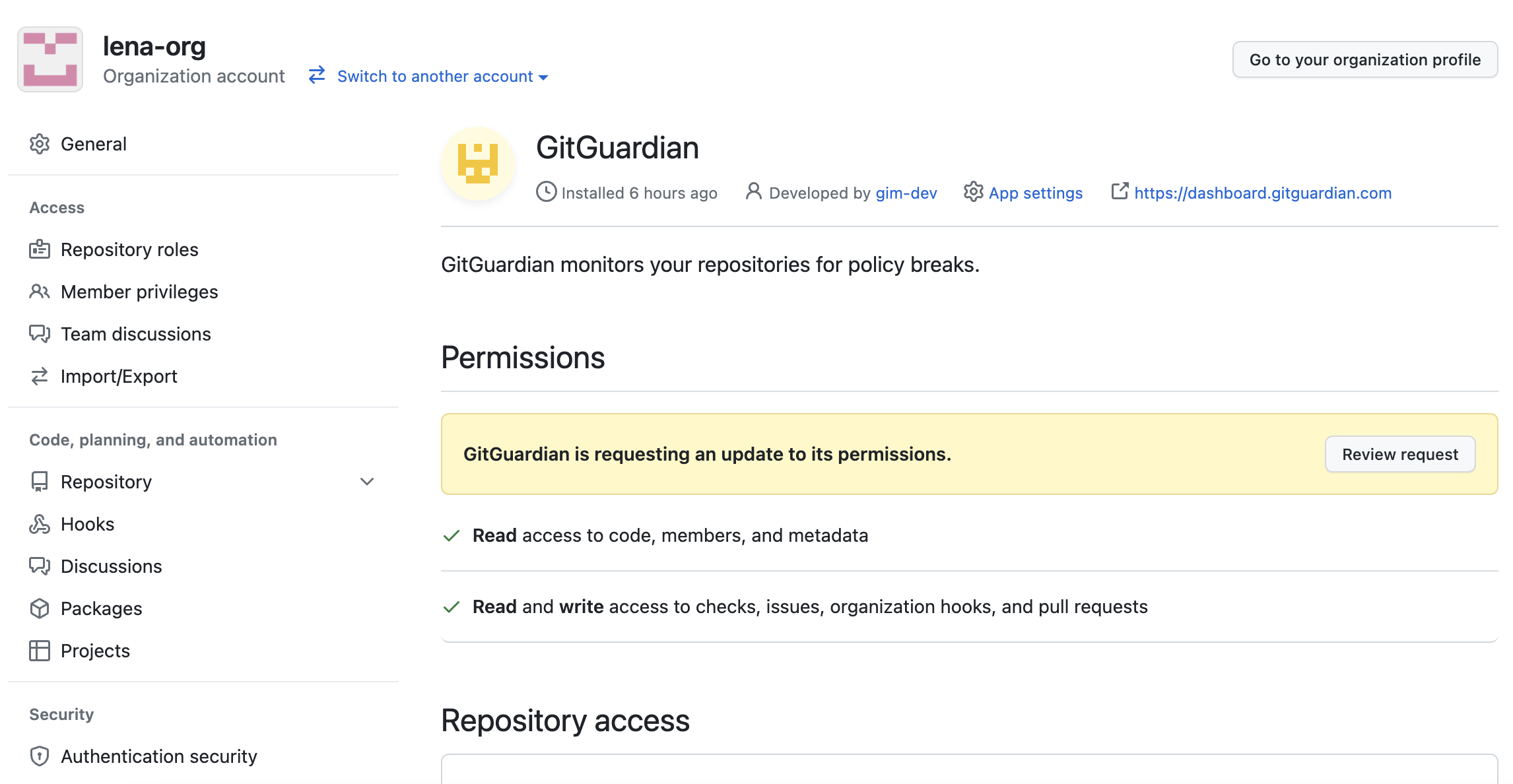 App permission update request