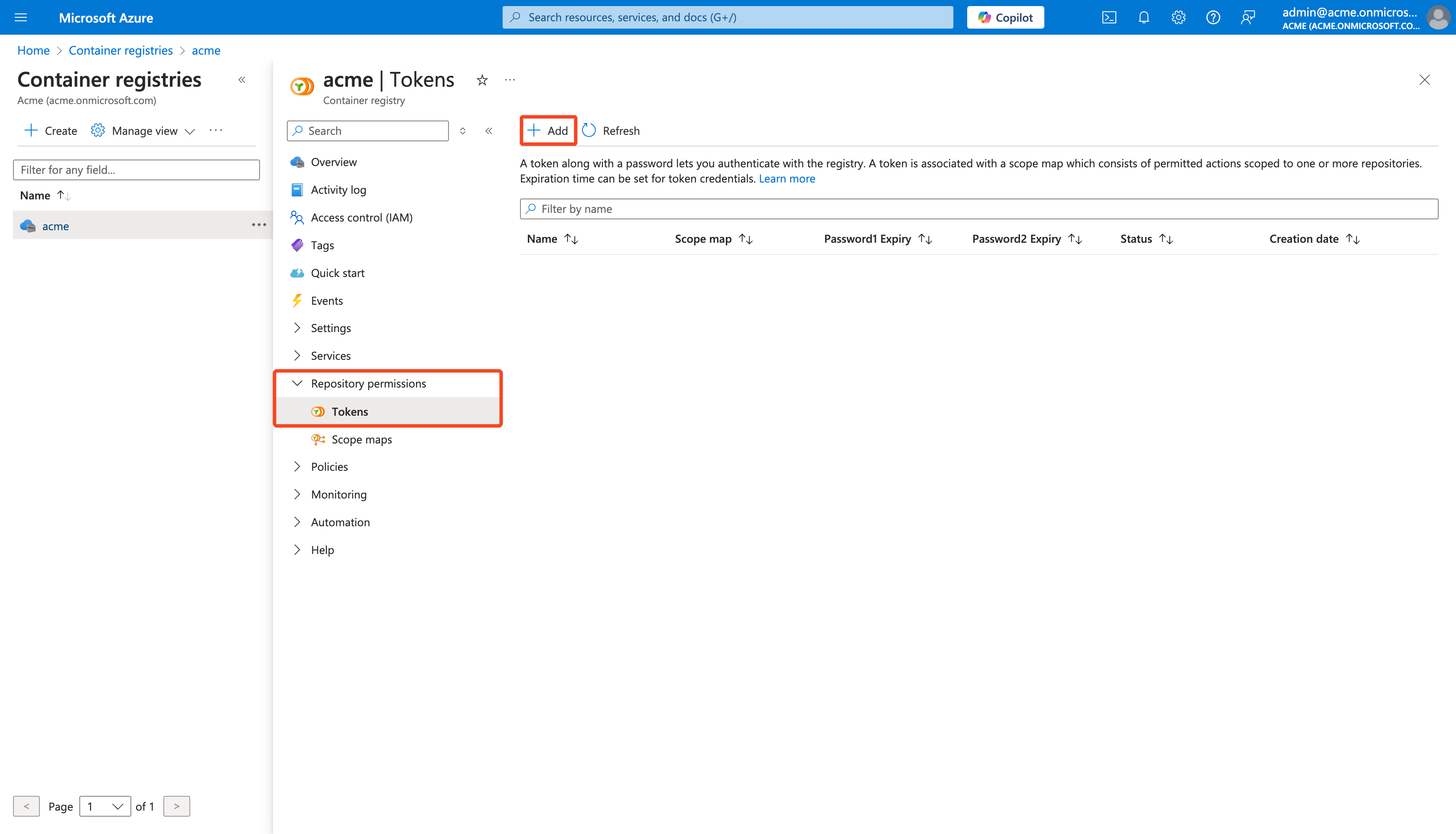Azure Container Registry Add Token