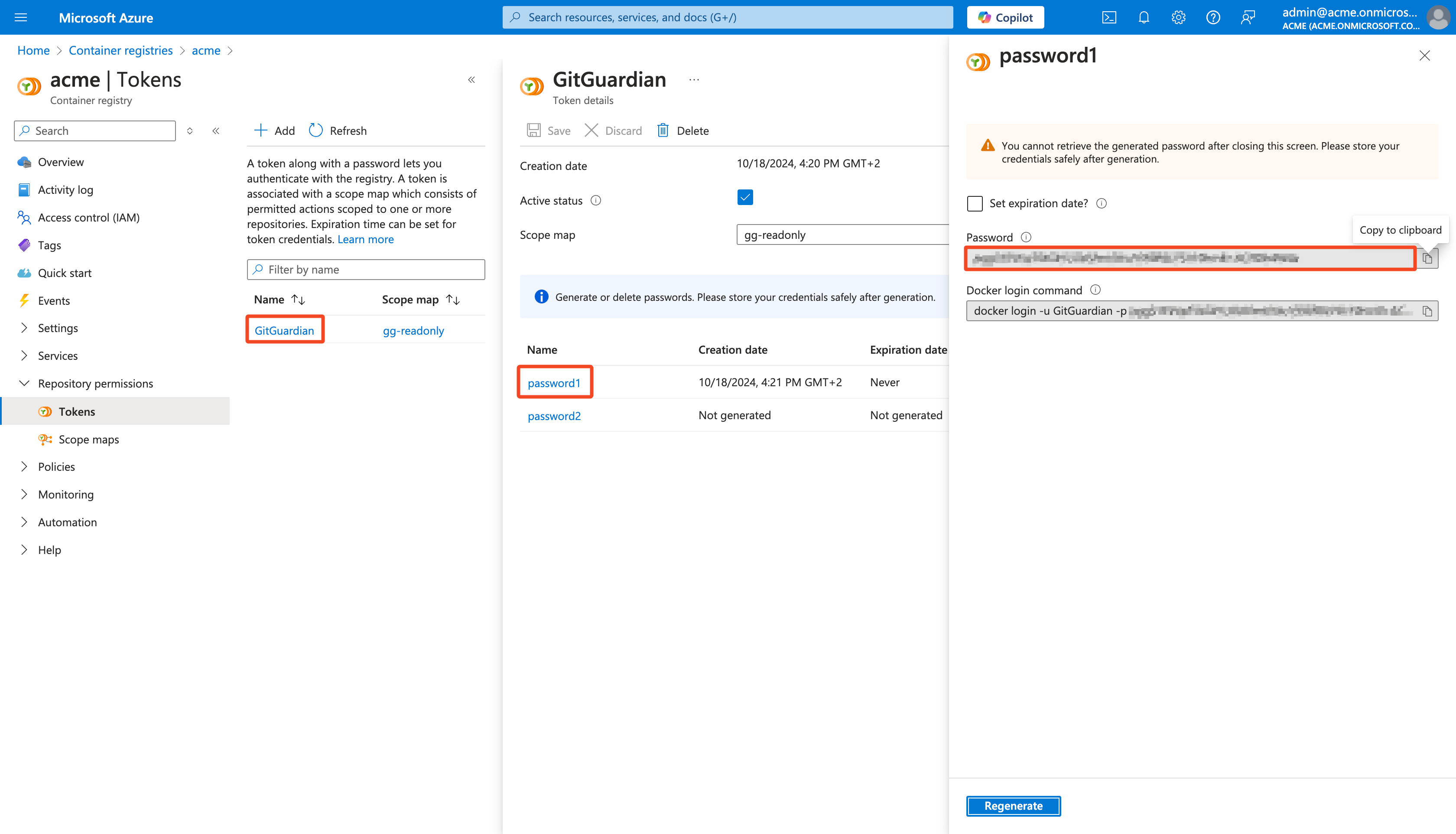 Azure Container Registry Copy Password
