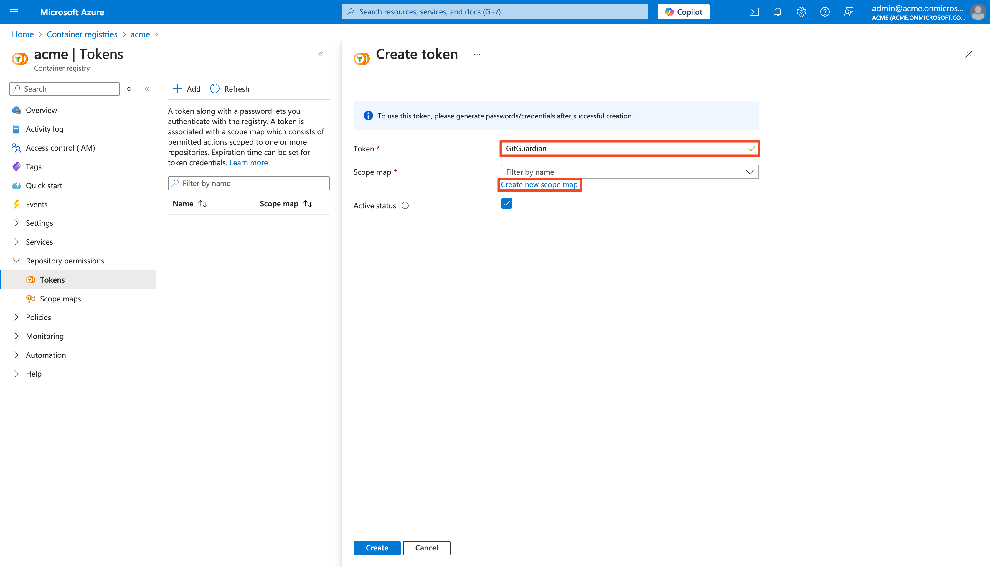 Azure Container Registry Create Token